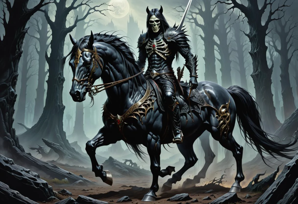 hyper detailed masterpiece, dynamic, awesome quality, death, half-human, half-horse, mythological creatures, powerful and agile, equine lower body, human upper body,guardians of the wild, fantasy <lora:dark_fantasy_art:1> dark fantasy