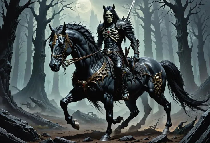 hyper detailed masterpiece, dynamic, awesome quality, death, half-human, half-horse, mythological creatures, powerful and agile, equine lower body, human upper body,guardians of the wild, fantasy <lora:dark_fantasy_art:1> dark fantasy