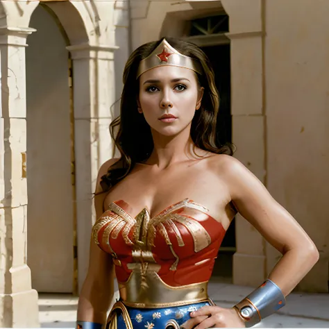 a portrait of a french girl, blonde, (lynda-carter-ww-costume), seductive, (8k, RAW photo, highest quality, best quality, masterpiece, ultra-detailed, hires, absurdres, sharp focus:1.2), (photorealistic, hyper-realistic), <lora:lynda-carter-ww-costume:1>,