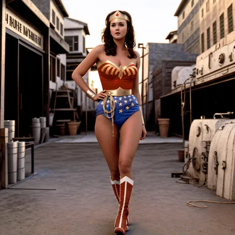 a photo of a (lynda-cart3r-ww-t2), (lynda-carter-ww-costume), medium breasts, ((30 years old)), smiling, (full body), natural skin texture, standing in a street, ((boots)), 24mm, 4k textures, soft cinematic light, adobe lightroom, photolab, hdr, intricate, elegant, highly detailed, sharp focus, ((((cinematic look)))), soothing tones, insane details, intricate details, hyperdetailed, low contrast, soft cinematic light, dim colors, exposure blend, hdr, faded<lora:lynda-carter-ww-costume:1>