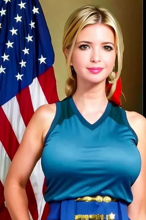 American women's military uniform,masterpiece, best quality, masterpiece,best quality,official art,extremely detailed CG unity 8k wallpaper, girl, solo, ojousama, long hair, blonde hair, aqua eyes, large breasts, breasts apart, hair scrunchie, bare_shoulders, gym_uniform, smirk, <lora:ivanka_trump:1>, 1girl