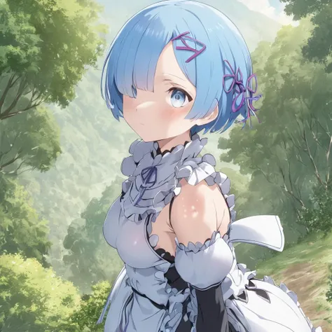 1girl, Rem \(re\:zero\) <lora:rem:0.75>, detailed background, nature, outside