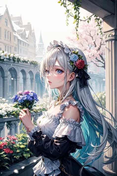 A girl with silver hair is in the garden surrounded by many flowers and it is snowing,(masterpiece, top quality, best quality, art, beautiful and aesthetic:1.2), (1girl), extreme detailed,colorful,highest detailed, <lora:add_detail:0.7>