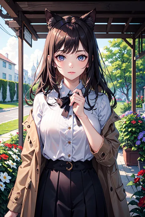 original, (masterpiece), (extremely fine and beautiful), perfect detailed, photorealistic, (beautiful and clear background:1.25), (depth of field:0.7), (1 cute girl stands in the garden:1.1), (cute:1.35), (detailed beautiful eyes:1.3), (beautiful face:1.3), casual, red hair, cat ear, (blue ear:0.8), long hair, coat, short skirt, hair blowing with the wind, (black eye:1.2), flowers, ( girl:0.65), many flowers