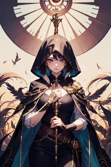 1girl(masterpiece, top quality, best quality, art, beautiful and aesthetic:1.2), (1girl), extreme detailed,magic cloak, magic, staff,(art:1.3),colorful,highest detailed,