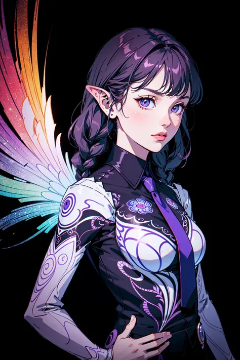 1girl ,Romanian girl in black suit and purple tie and purple hair,beautiful face,film grain,twin braids,deamon wings, apocalypse, cinematic lighting(masterpiece, top quality, best quality, official art, beautiful and aesthetic:1.2), , extreme detailed,flowers,(fractal art:1.3),colorful,highest detailed,Real photos, real photography, (real skin texture),(realistic)