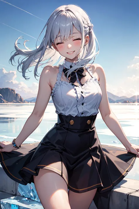 1girl, close eyes,silver hair,,smile, beautiful lighting, best quality, masterpiece, ultra highres, ice, (sky background:1.4), smile ,