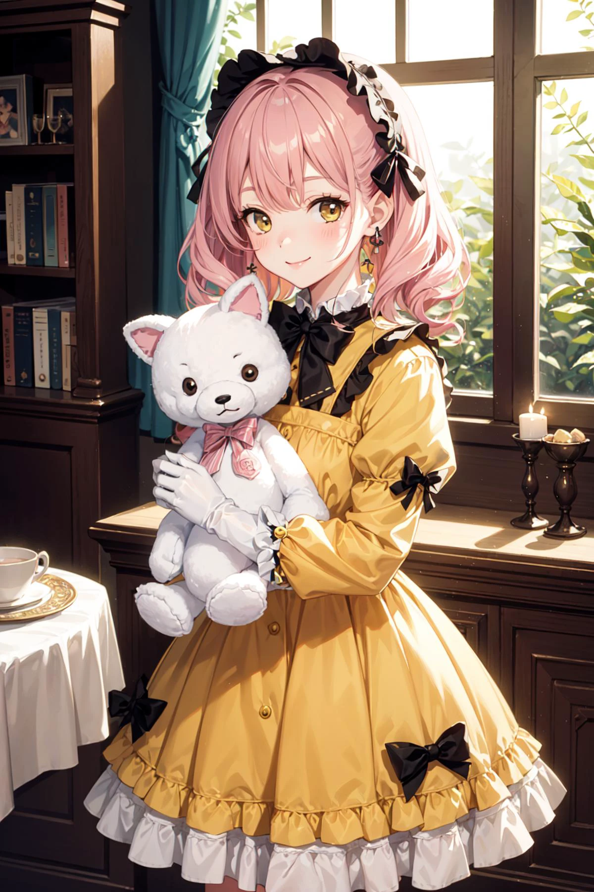 1girl, photo, masterpiece, sweetlolita at bedroomgothic gothic interior, yellow dress fabric, heart shape on cheek, blush pink makeup, gloves, smile, pastel color, ornate, broderry, holding stuffed animal, bokeh, <lora:ARWSweetLolita:1>