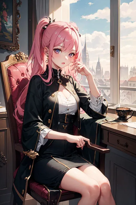1girl Sitting on a chair,pink hair,(masterpiece, top quality, best quality, art, beautiful and aesthetic:1.2), (1girl), extreme detailed,(art:1.3),colorful,highest detailed,