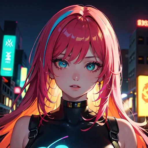 masterpiece, best quality, top quality, ultra-detailed, 1girl, solo, closeup portrait, neon hair, multicolored hair, sparkling eyes, colorful, neon light, futuristic, neon-lit city background, bedroom, bed, professional illustration, animation, official art, beautiful and aesthetic, looking at viewer, detailed background, high res