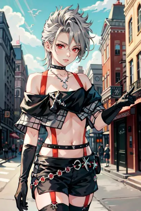 masterpiece, best quality, 1girl, upper body, silver hair, paine, choker, necklace, crop top, off-shoulder, elbow gloves, suspenders, black shorts, thighhighs, boots, red eyes, outdoors, <lora:paine-nvwls-v1-final:1>, amazing, beautiful and aesthetic, absurdres