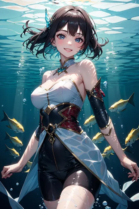 1girl, waist up, smile, beautiful lighting, best quality, masterpiece, ultra highres, ice, (underwater background:1.4), smile ,