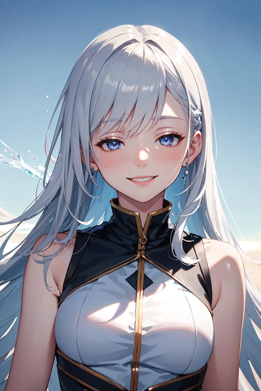 1girl, close eyes,silver hair,,smile, beautiful lighting, best quality, masterpiece, ultra highres, ice, (sky background:1.4), smile ,