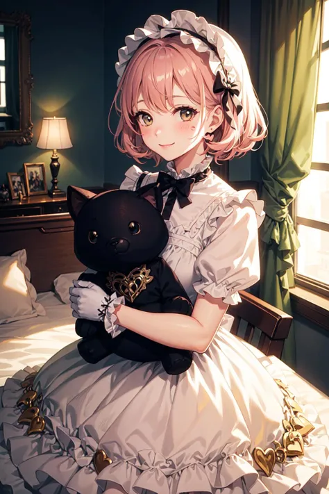 1girl, photo, masterpiece, sweetlolita at bedroomgothic gothic interior, yellow dress fabric, heart shape on cheek, blush pink makeup, gloves, smile, pastel color, ornate, broderry, holding stuffed animal, bokeh, <lora:ARWSweetLolita:1>