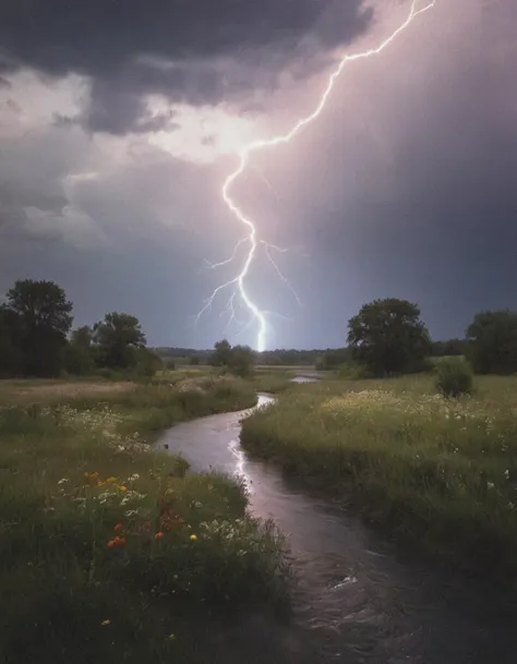 cinematic photography lightning and reflective particles in the sky of a country field with winding river and wildflowers