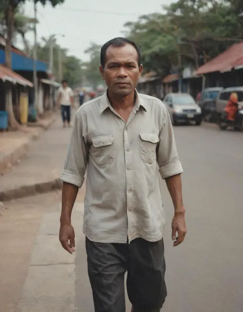 cinematic photography portrait of a man from cambodia 46 year old walking on city sidewalk