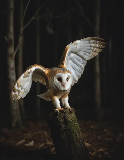 cinematic photography of a barn owl emerging from the shadows of a nighttime forest