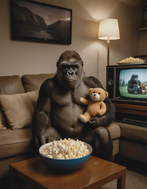 cinematic photography gorilla (holds a teddy bear:1.2) on the couch eating from a big bowl of popcorn with the back of a television in the foreground