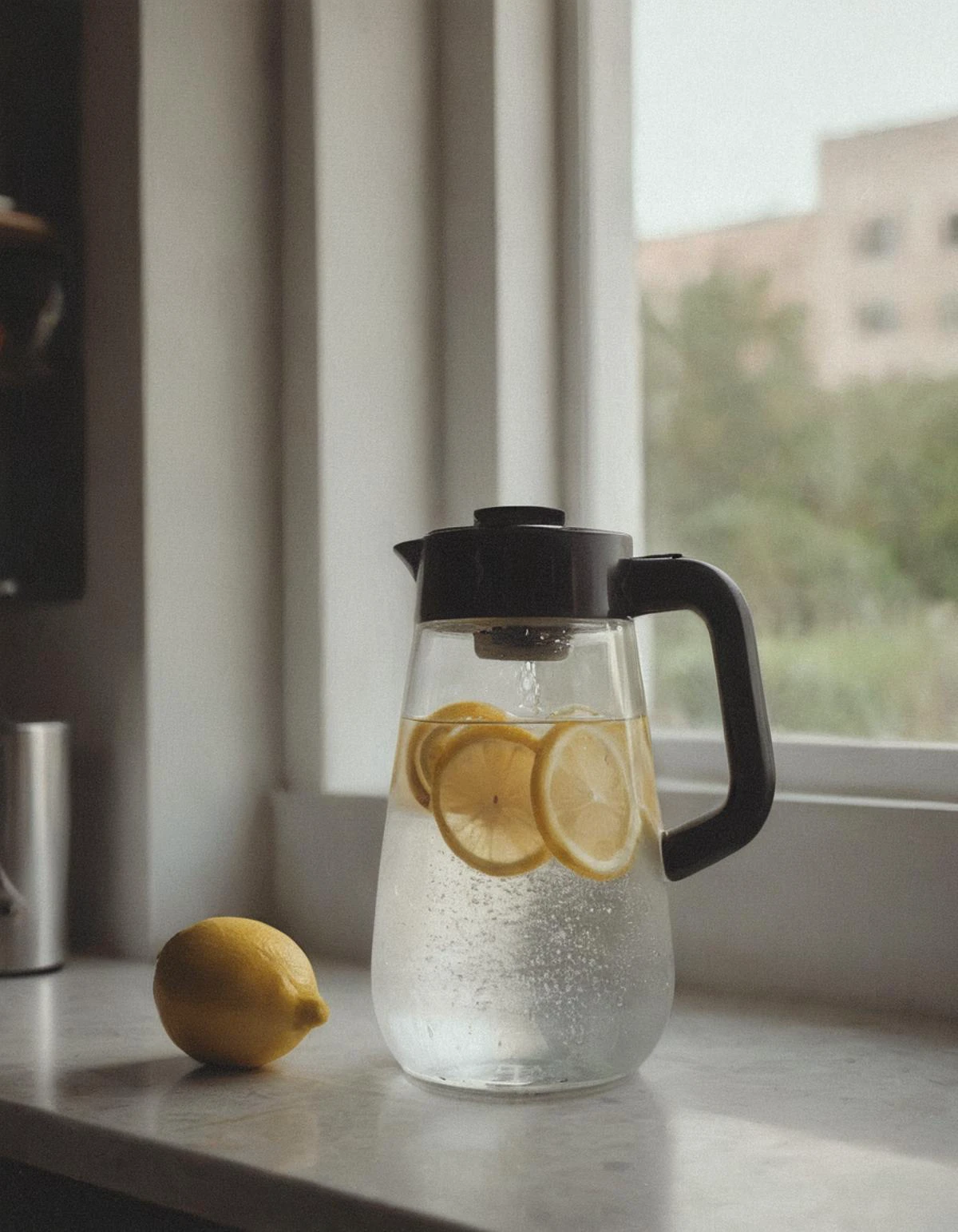 cinematic photography of chia/lemon water pitcher by window