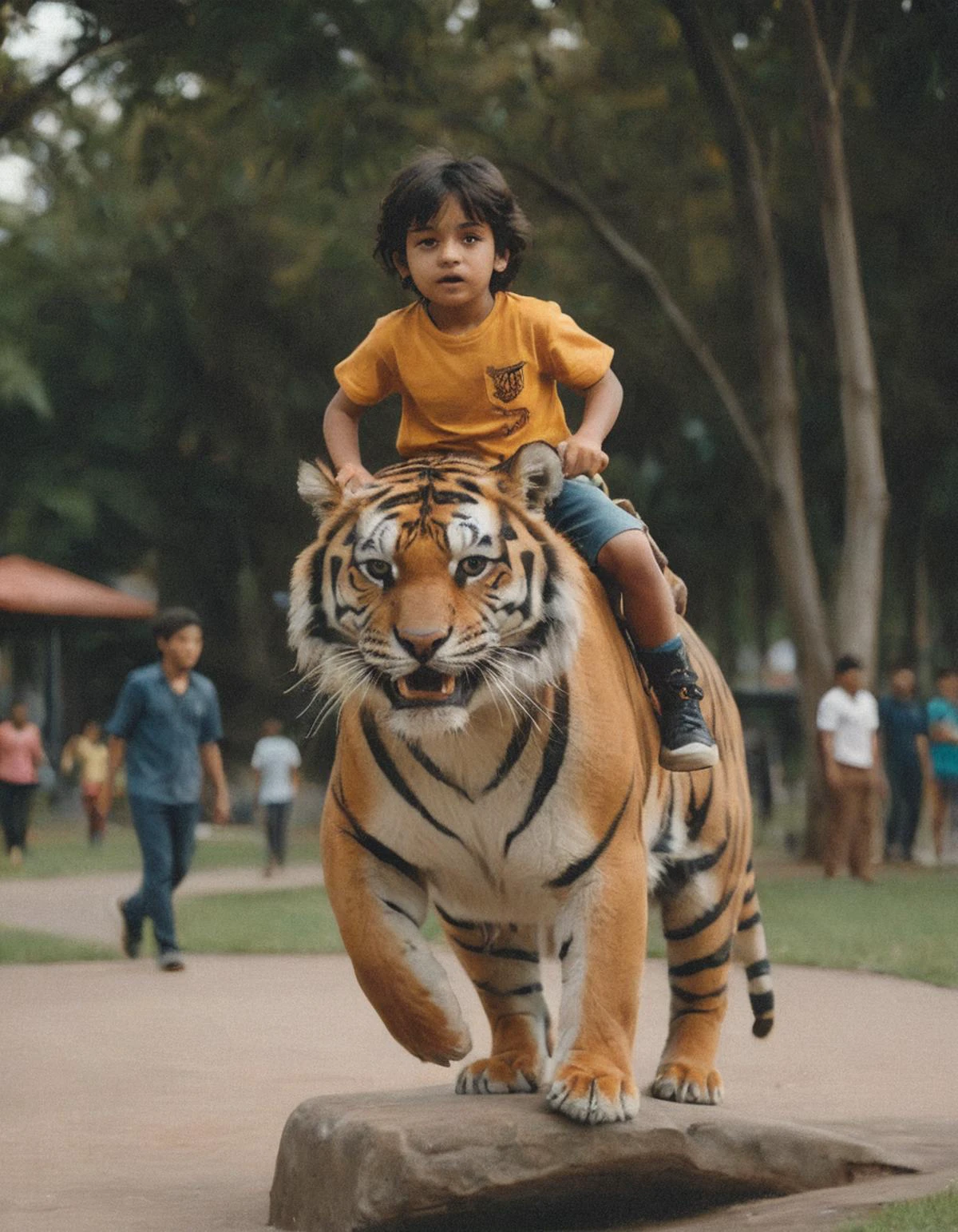 cinematic photography of a riding on the back of a fierce tiger in a public park