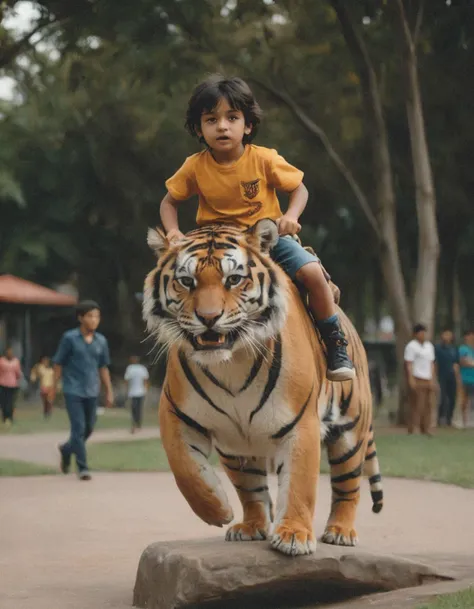 cinematic photography of a child riding on the back of a fierce tiger in a public park