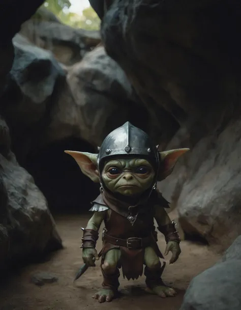 cinematic photography diminutive goblin wearing a metal helmet and leather tunic emerging from the shadows of a long cave chiaroscuro black eyes of a fierce but cute monsters in front of a deep ominous cave