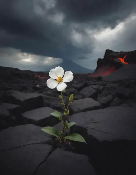 cinematic photography of a single white flower growing from between the cracks of black ashen rocks and fiery lava desolate grim landscape under black clouds with a hint of sun and god rays spotlight on the flower dark vignette effect