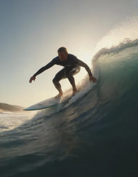 cinematic photography closeup of a surfer riding the crest of a wave scintillating sunlight through water high speed still frame water droplets extreme detail action capture