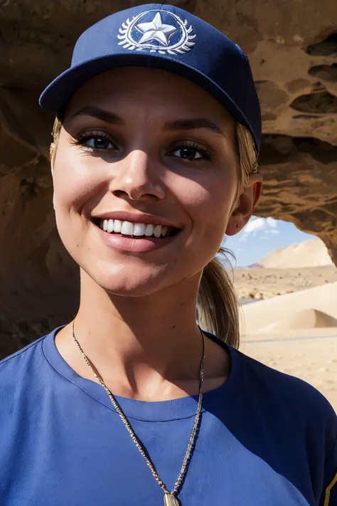 sonya, blonde hair, ponytail, brown eyes, hat, dog tags, blue military uniform, shirt, looking at viewer, smiling,close up portrait, outside, desert, dunes, cave, sunny, high quality, masterpiece, <lora:Sonyamk11:.8>