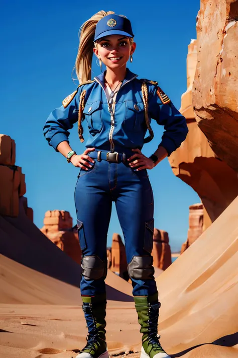 Sonya, blonde hair, ponytail, brown eyes, toned, blue military uniform, hat, blue shirt, dog tags, blue pants, boots, looking at viewer, smiling, standing, full body shot, hands on hips, outside, desert, cave, sunny, high quality, masterpiece, <lora:Sonyamk11:.8>