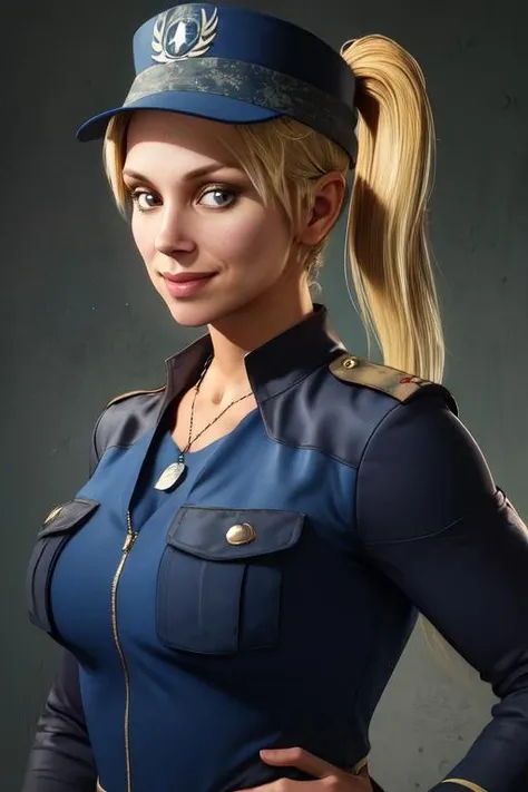 Sonya, blonde hair, headband, ponytail, looking at viewer,
blue military uniform, hat, blue shirt, dog tags,
upper body, standing, smile,
military base,
(insanely detailed, beautiful detailed face, masterpiece, best quality) <lora:Sonyamk11:0.8>