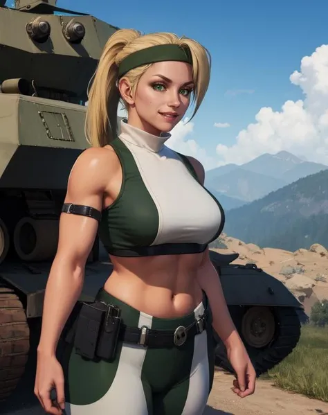 sonyamk11, blonde hair, ponytail, looking at viewer,
headband, green and white crop top, green and white pantyhose,
upper body, standing, smile,
military base, outdoors,
(insanely detailed, beautiful detailed face, masterpiece, best quality) <lora:Sonyamk11-10v6:0.8>