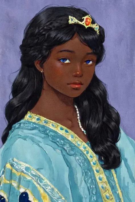 dark skin, noble lady, chubby, long hair, black hair. blue eyes