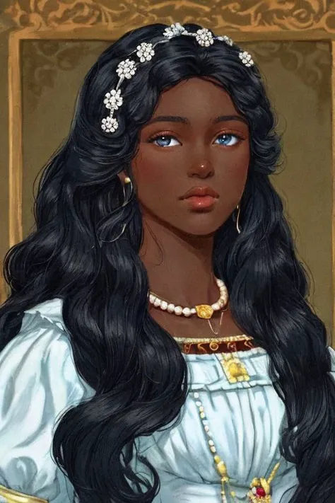 dark skin, noble lady, chubby, long hair, black hair blue eyes