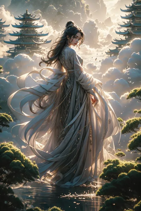 official art, unity 8k wallpaper, ultra detailed, beautiful and aesthetic, beautiful, masterpiece, best quality, (zentangle, mandala, tangle, entangle:0.4)  The artwork features a girl standing on the surface of water, surrounded by temple debris. The sky is filled with stars, and there are puffy clouds in the background. The scene also includes a forest with a single large tree with exposed roots wrapping throughout the scene, along with an assortment of different flowers spread throughout, (1girl, very long hair,   ) <lora:Fairy in Clouds_20230916200433:1>