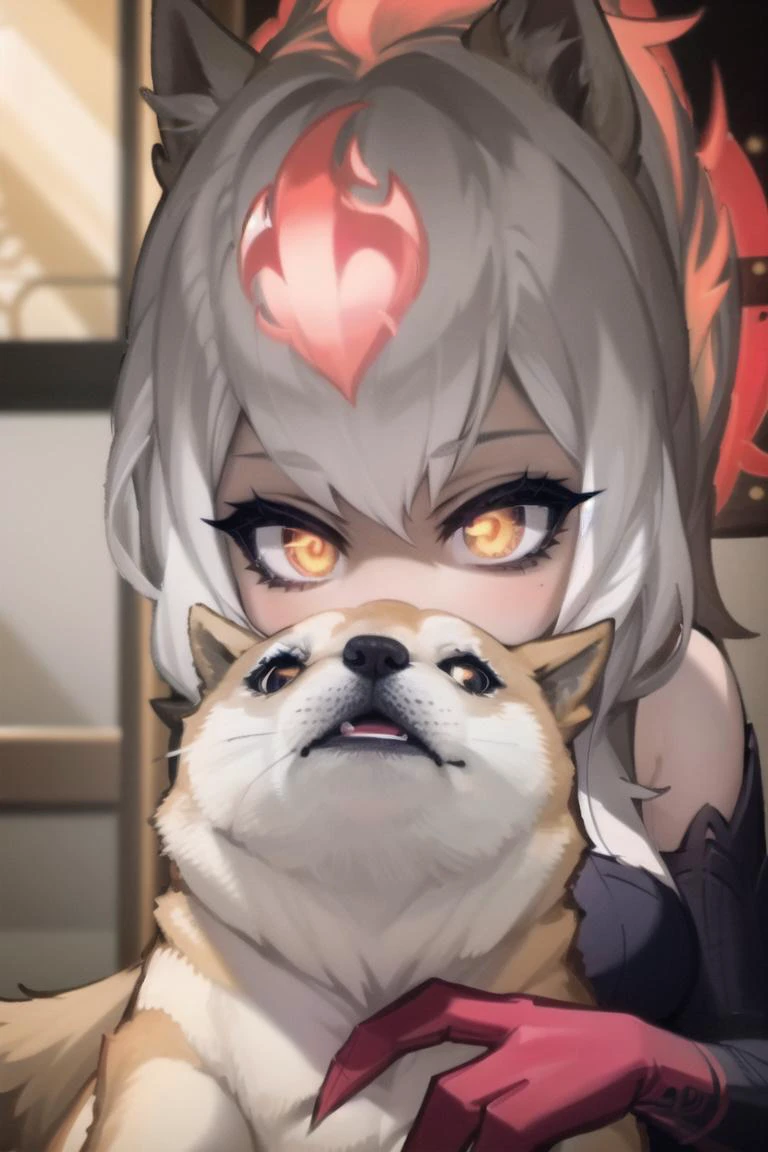 best quality, intricate details,
1girl, <lora:evelynnDefaultLora_evelynnv1:0.8> Evelynn_Default, slit_pupils, glowing_eyes, black_sclera, white_hair,
<lora:mintyDogesDogeStyle_v1:0.8> mntydge, doge, <lora:noNose_nevernose:0.8>