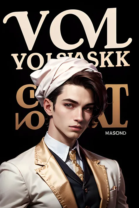 (masterpiece, best quality:1.3), english text, cover, simple background, 1male, upper body, fashion style hair, white costume, fashion, detailed face, detailed illustration <lora:text cover-v1.3:0.7>