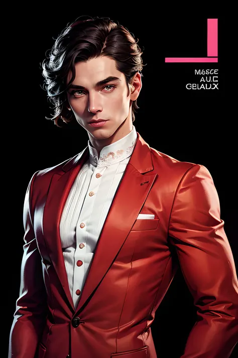 (masterpiece, best quality:1.3), english text, cover, simple background, 1male, mature male, upper body, fashion style hair, pink costume, fashion, detailed face, detailed illustration <lora:text cover-v1.3:0.7>