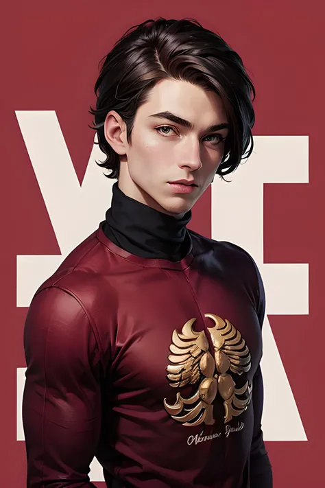 (masterpiece, best quality:1.3), english text, cover, simple background, 1male, mature male, upper body, fashion style hair, pink turtleneck sweater, fashion, detailed face, detailed illustration  <lora:text cover-v1.3:0.7>
