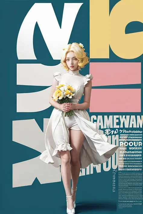 (masterpiece, best quality:1.3), english text, cover, <lora:text cover-v1.3:0.9>, 1girl, full body, yellow hair, white dress, looking at viewer, (holding flowers:1.2),