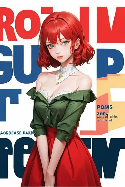 (masterpiece, best quality:1.3), english text, cover, <lora:text cover-v1.3:0.9>, 1girl, upper body, red hair, green dress, looking at viewer,