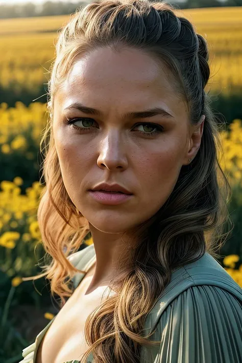 beautiful woman (Rond4R0u53y2-330:.99), beautiful hair, ((portrait)), (closeup:1.2), ((from the waist up)), (( outside, flower field :1.2)) , natural skin texture, (( Pleated Midi Dress :1.2)), 24mm, 4k textures, soft cinematic light, adobe lightroom, photolab, hdr, intricate, elegant, highly detailed, sharp focus, ((((cinematic look)))), soothing tones, insane details, intricate details, hyperdetailed, low contrast, soft cinematic light, exposure blend, hdr, faded, now, ("I've got a bad feeling about this.":1.1)