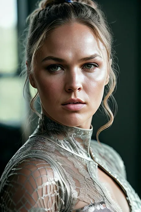 beautiful woman (Rond4R0u53y2-330:.99), beautiful hair, ((portrait)), (closeup:1.2), ((from the waist up)), (( bedroom :1.2)) , natural skin texture, (( Dress with a Metallic Lace Overlay :1.2)), 24mm, 4k textures, soft cinematic light, adobe lightroom, photolab, hdr, intricate, elegant, highly detailed, sharp focus, ((((cinematic look)))), soothing tones, insane details, intricate details, hyperdetailed, low contrast, soft cinematic light, exposure blend, hdr, faded, now, ("I've got a bad feeling about this.":1.1)