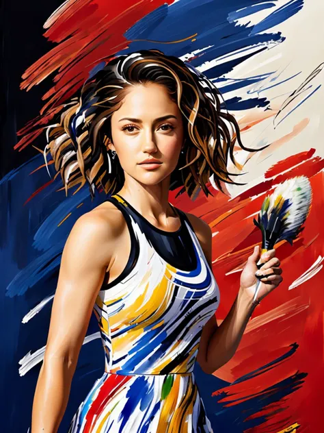 ((brush stroke style:1.3), painterly, textured, highly detailed:1.15), half-body <lora:sd15_locon_MinkaKelly_24_v1-000014:.9> MinkaKelly, focus on face, wearing a tennis dress <lora:tennis_dress-1.0:0.8> , her hair is styled as curly layers,