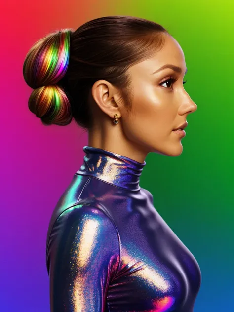 (holographic style, rainbow, shimmer, 3D effect, detailed:1.15), half-body <lora:sd15_locon_MinkaKelly_24_v1-000014:.9> MinkaKelly, focus on face, side view wearing a turtleneck , her mink color hair is styled as Top Knot with Curly Hair,