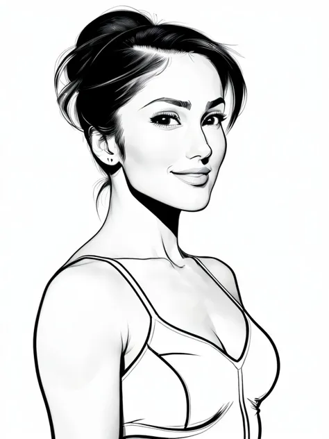 ((line art drawing:1.2), professional, sleek, modern, minimalist, graphic, line art, vector graphics, <lora:lineart2:1.35> Lineart flat colors:1.15), <lora:sd15_locon_MinkaKelly_24_v1-000014:.9> MinkaKelly, focus on eyes, close up on face, smiling, wearing jewelry, hair styled as Straight Ballerina Bun, vignette