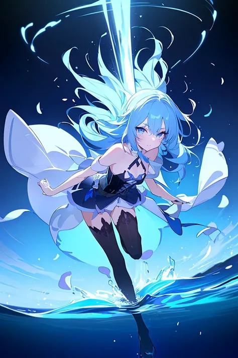(masterpiece, best quality), 1girl, light blue hair, water hair, light blue eyes, flying petals, water blade, light blue water magic circle, light blue corset, black thighhighs, sidelighting, light particles, abstract,