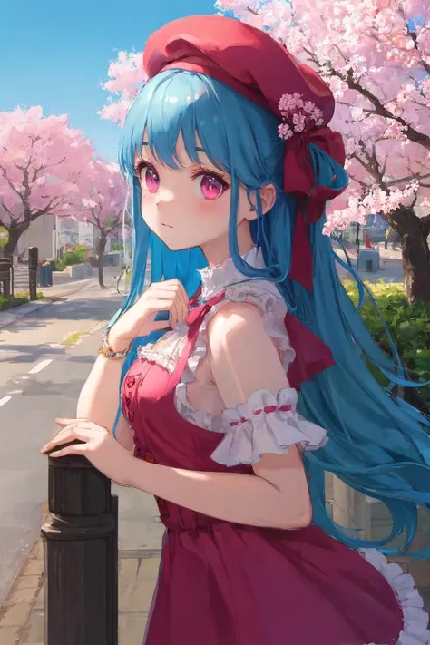 (masterpiece),(illustration),(best quality:1.3),outdoor,(street:1.1),detailed sky,(cherry blossom),accurate anatomy,(very cute girl,face focus:1.4),pink beret,gothic pink dress,ruby eyes BREAK long (blue) hair,