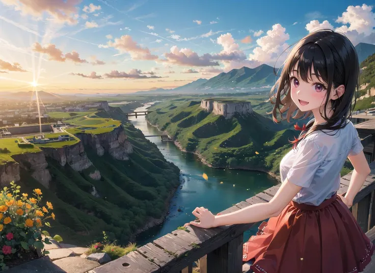 best quality, masterpiece, kat, summer, wind skirt, wind hair, running, river, mountain, forest, nature, detailed reflex, sunset, cinematic lighting, caustics, (wide shot:1.1), detailed cute girl, mountain road, overlook, smile, open mouth, <lora:kataragiStyleV10_v10:0.6:face>