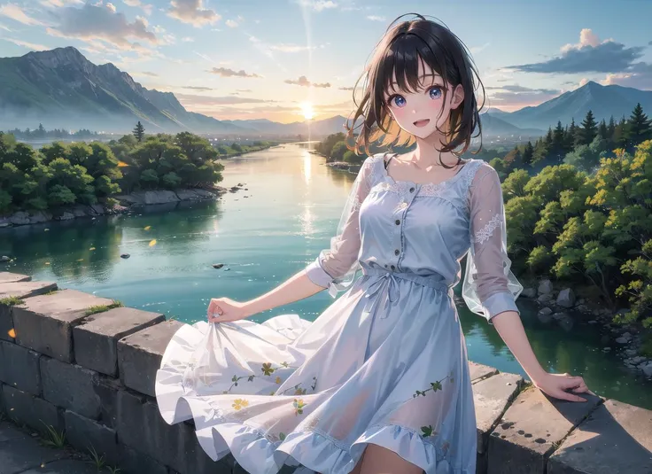 best quality, masterpiece, kat, summer, wind skirt, wind hair, running, river, mountain, forest, nature, detailed reflex, sunset, cinematic lighting, caustics, (wide shot:1.1), detailed cute girl, mountain road, overlook, smile, open mouth, <lora:kataragiStyleV10_v10:0.6:face>